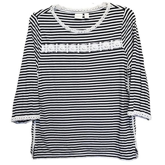Chico's Tops - Chico's Striped Crochet-Trim Cotton/Modal 3/4 Sleeve Knit T-Shirt Size 3 (XL)